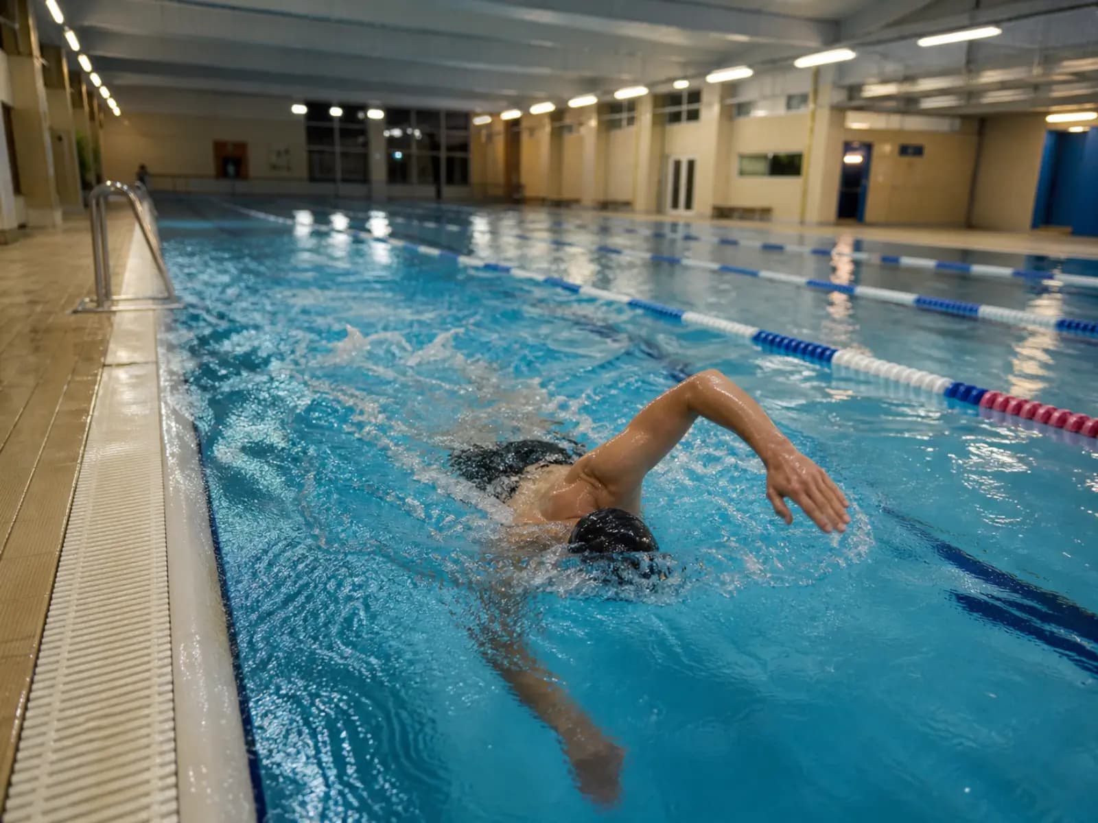 Pływak płynie kraulem w torze krytego basenu