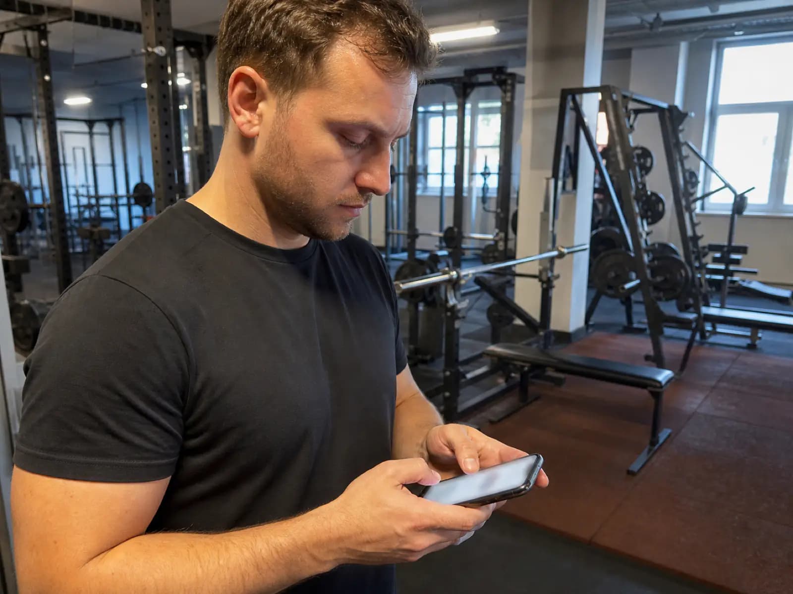 Trener na siłowni sprawdza rozmyty ekran telefonu